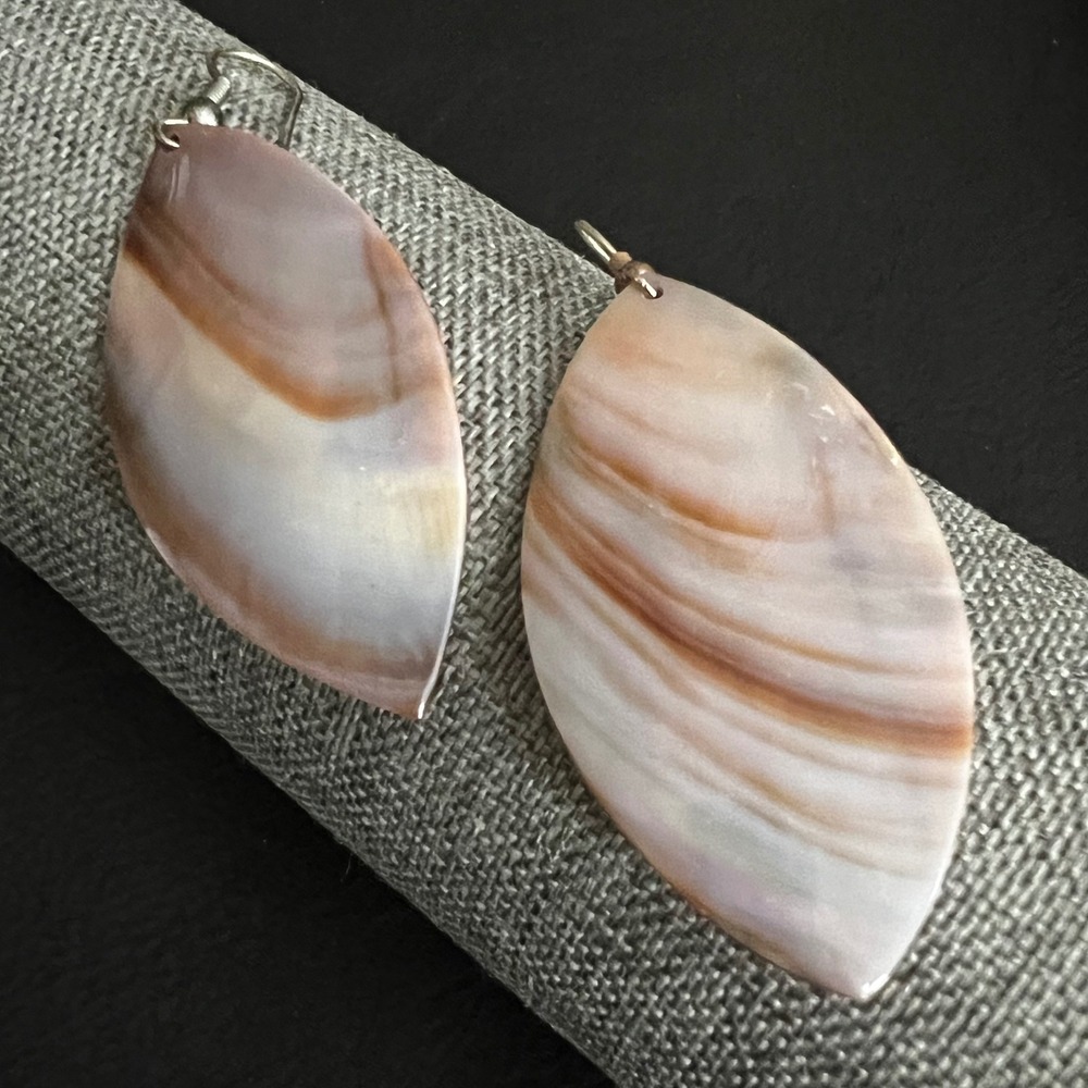 Natural Shell Leaf Dangle Earrings Brown Cream Iridescent Large 2.25" Coastal